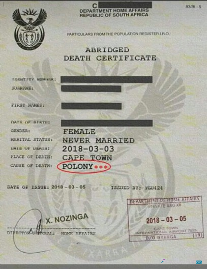 Download South Africa Department of home affairs death certificate Photoshop template